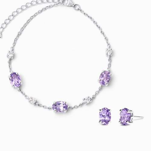 Lavender amethyst jewellery set with bracelet and earrings in sterling silver on white background
