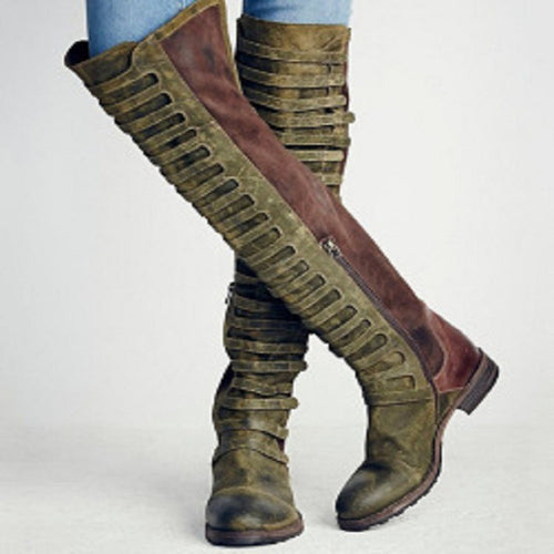 Kenike army green side zipper low square heel plus size boots variant