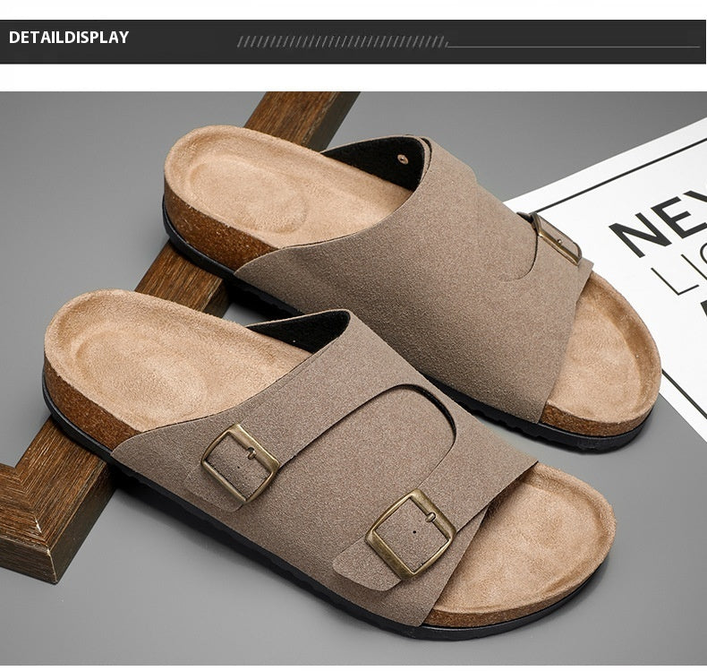 Kenike double-buckle cork suede sandals feature image