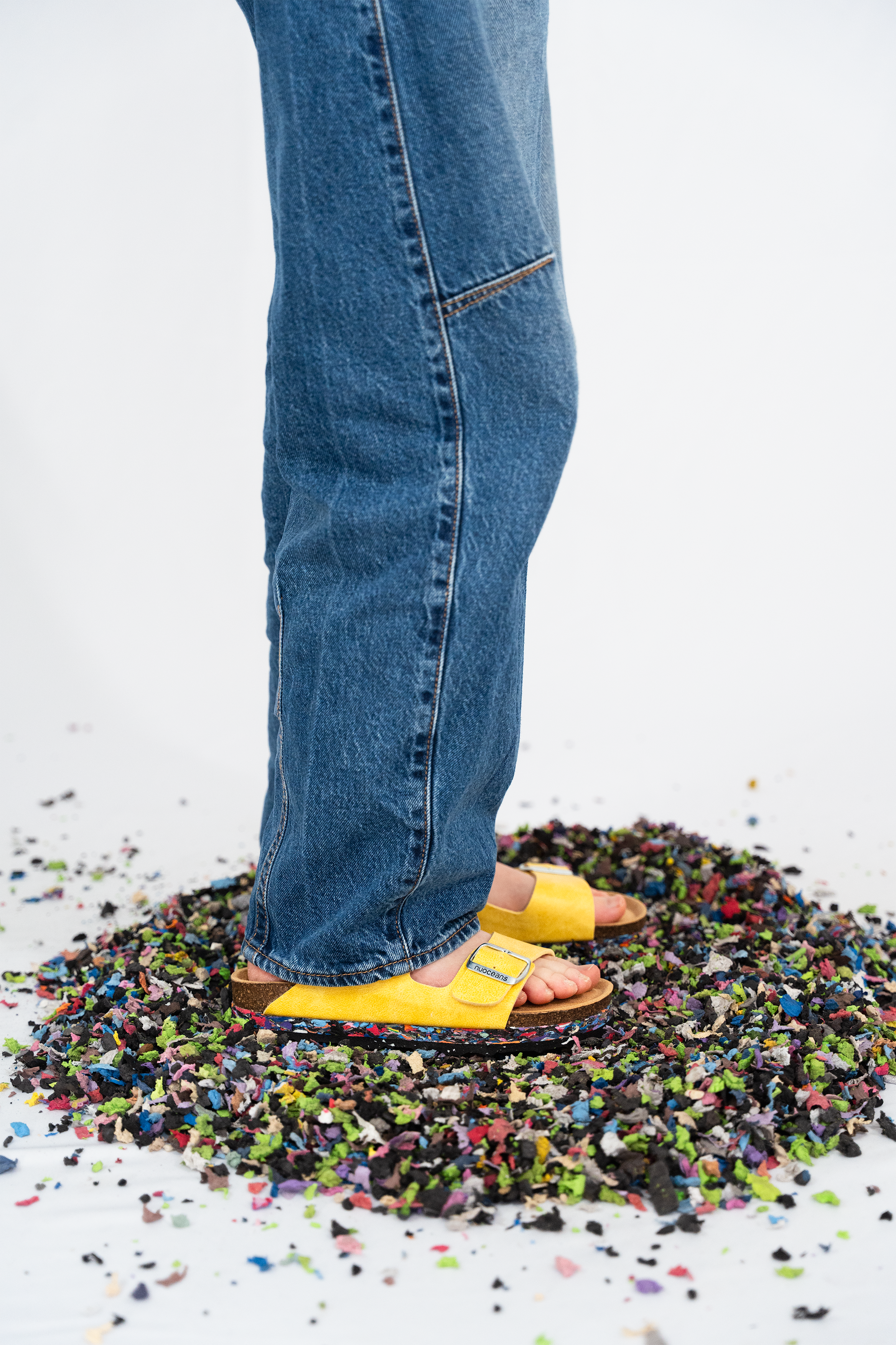 Nuoceans YUZU yellow recycled vegan leather sandal worn lifestyle image