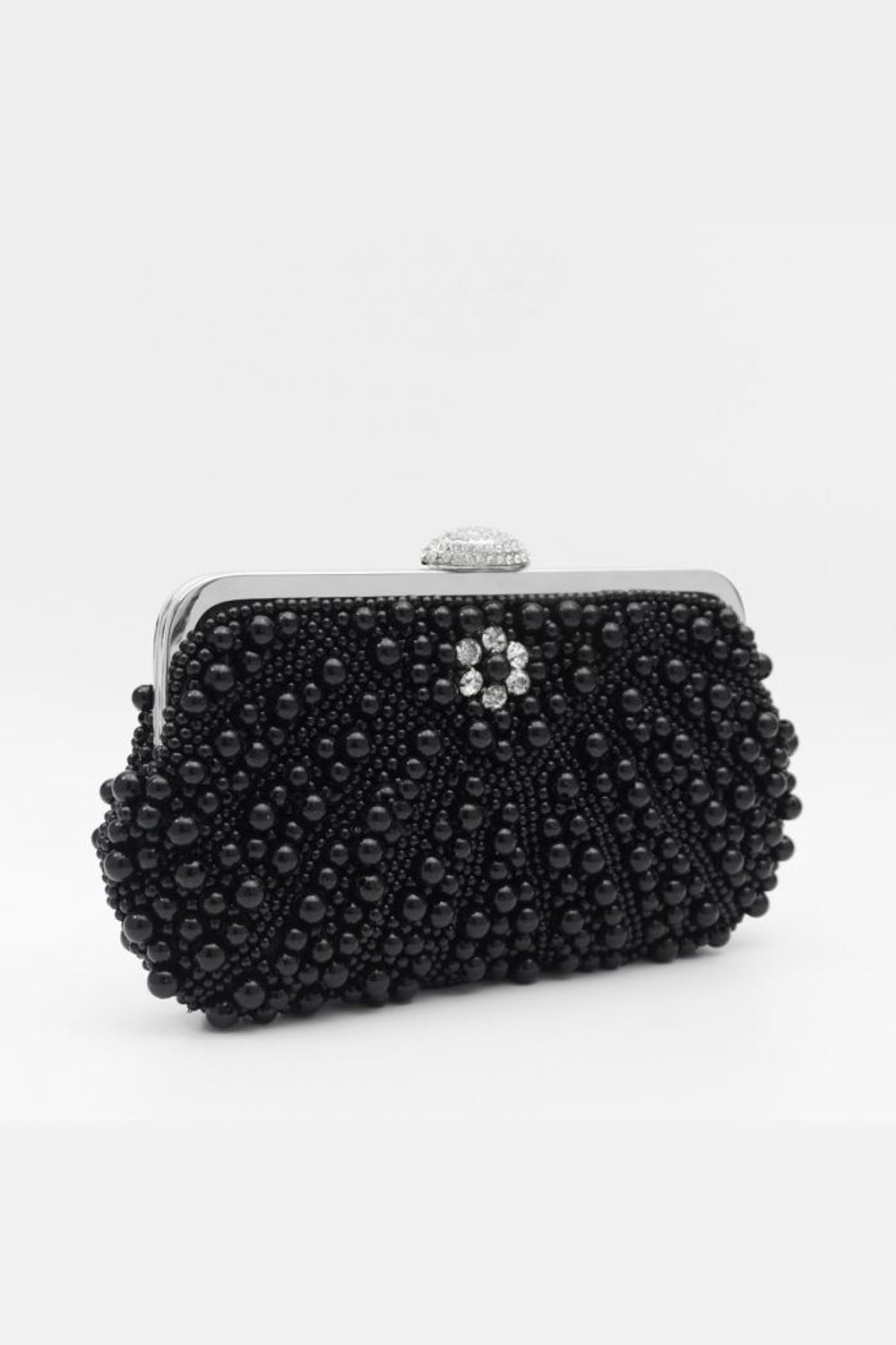 Aftershock London black pearl and crystal clutch bag with silver details front view