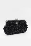 Aftershock London black pearl and crystal clutch bag with silver details front view