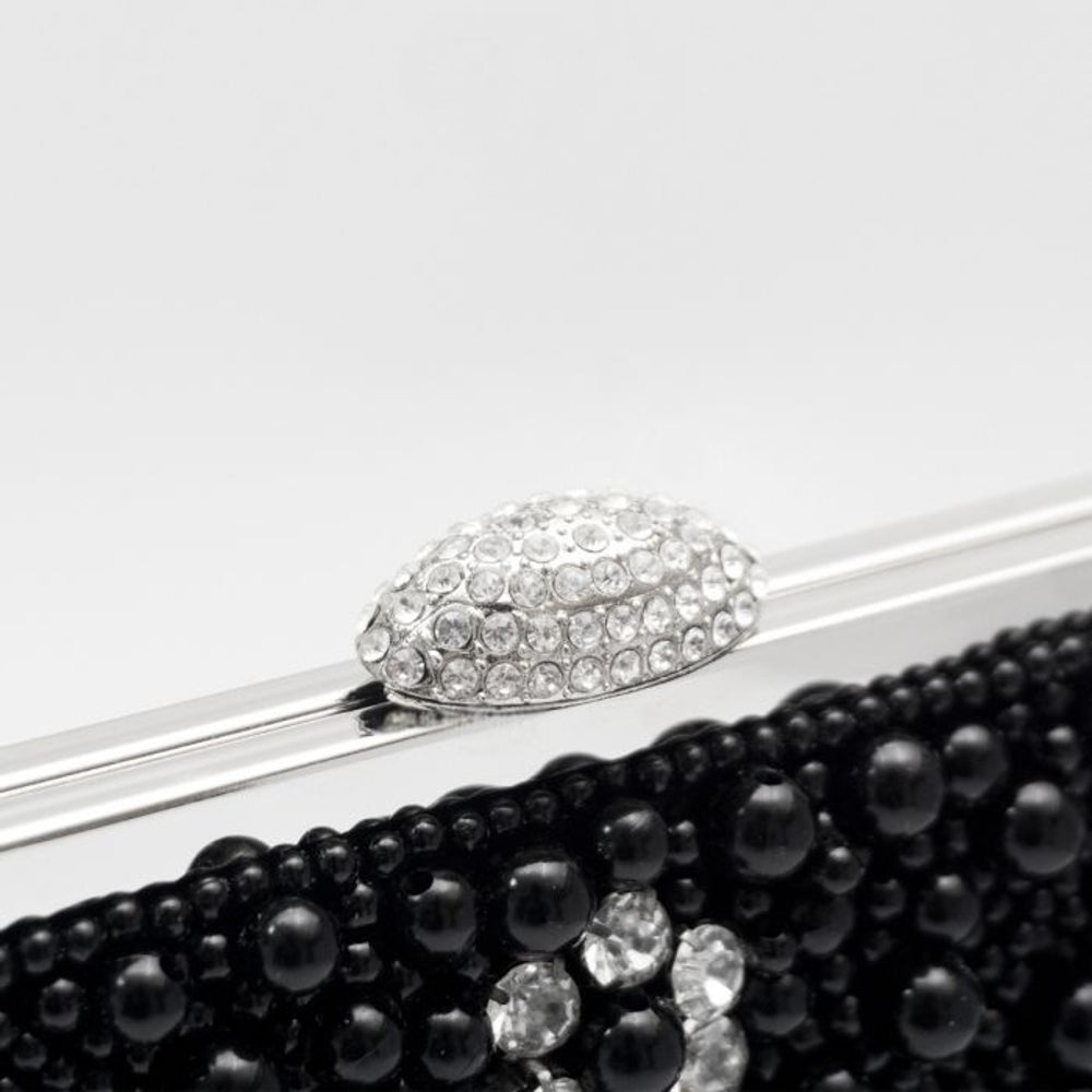 Aftershock London black pearl and crystal clutch bag close-up detail