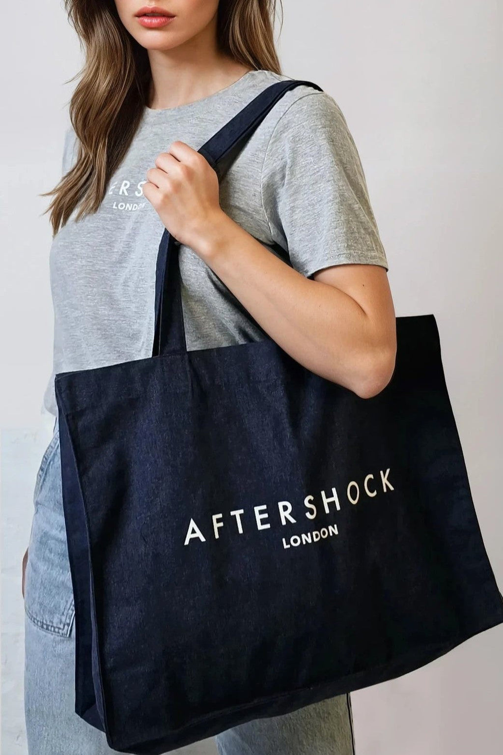 Aftershock London navy logo canvas tote bag close-up detail