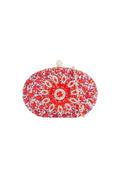 Aftershock London red embellished clutch bag with gold details front view