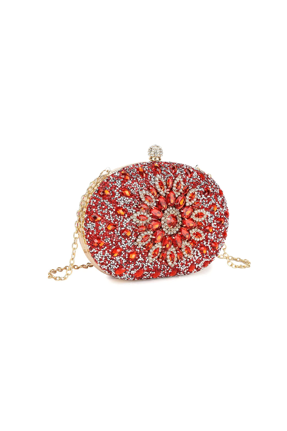 Aftershock London red embellished clutch bag side detail