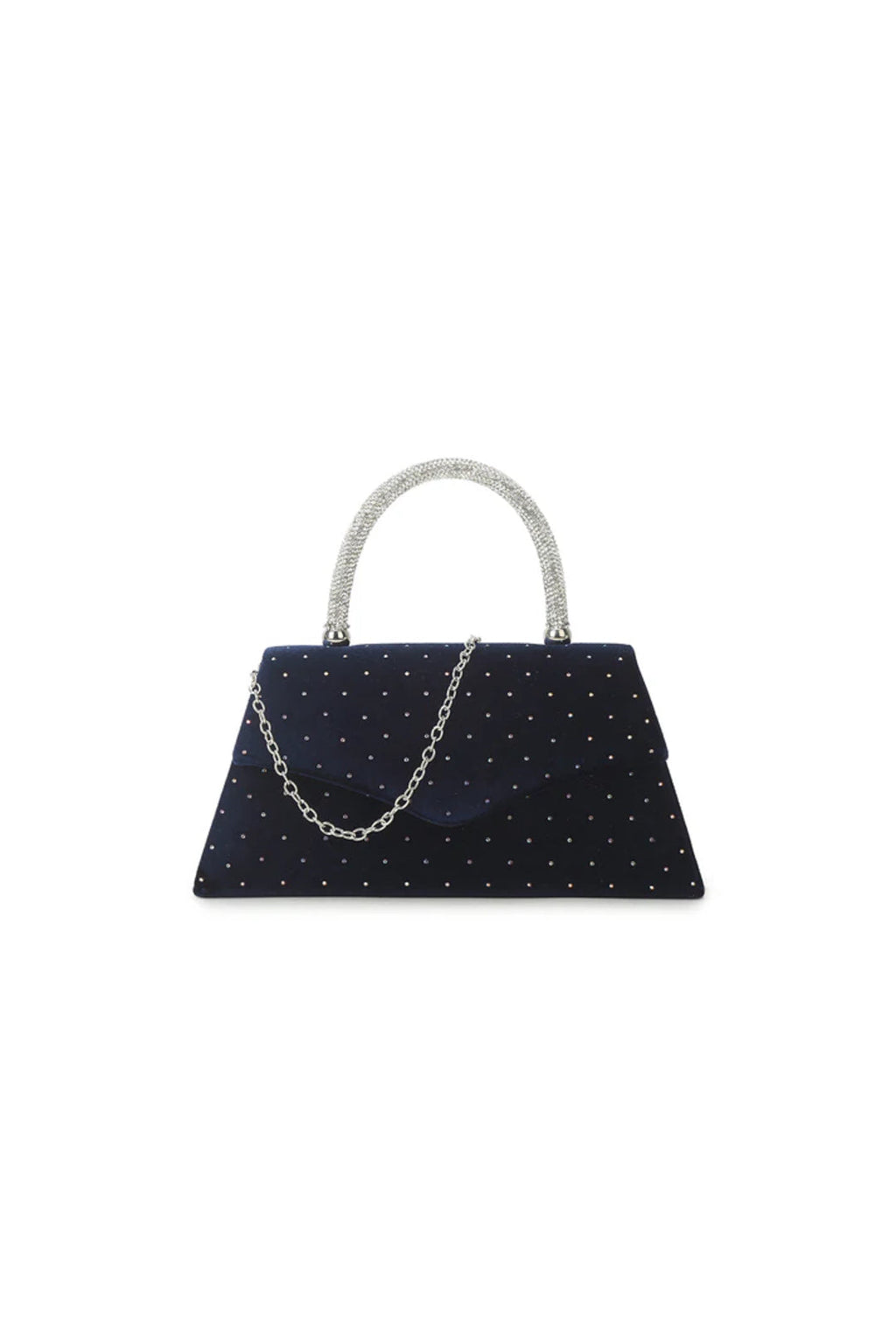 Aftershock London navy embellished velvet top handle evening bag front view