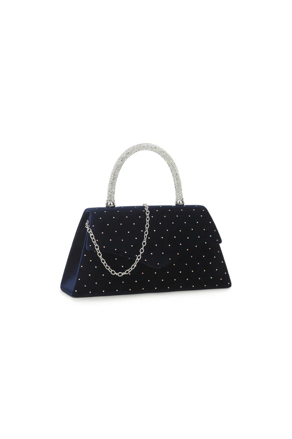 Aftershock London navy velvet top handle evening bag embellished detail