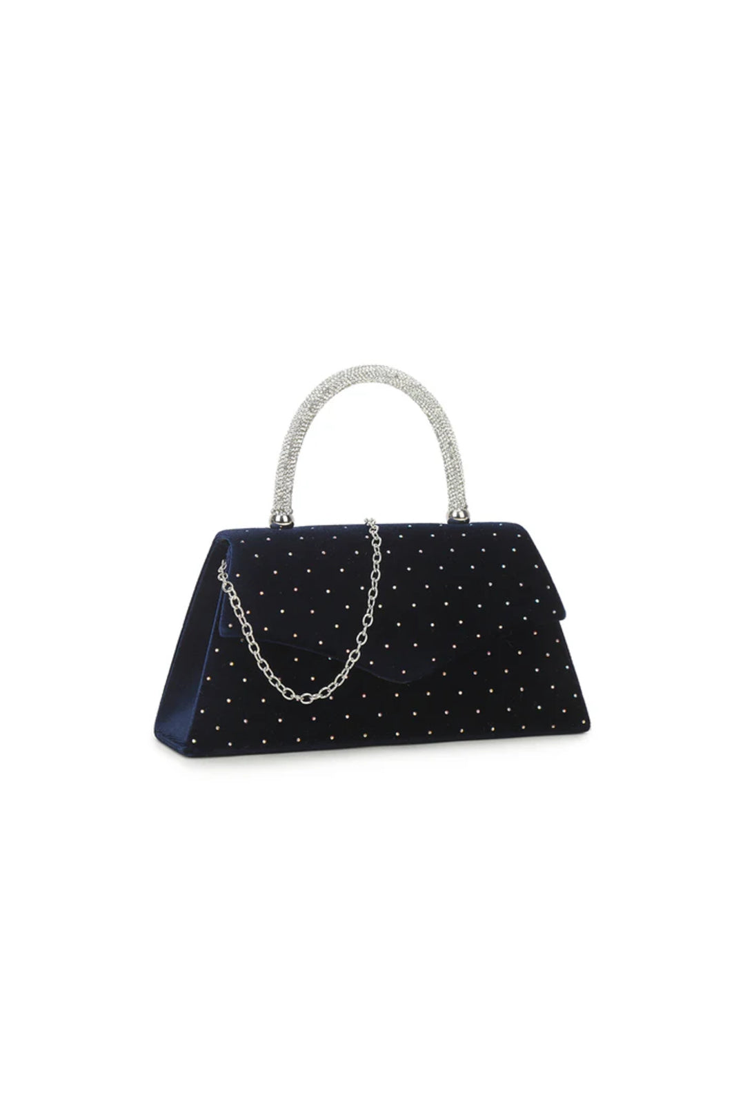 Aftershock London navy velvet top handle evening bag embellished detail