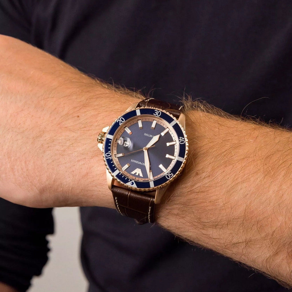 Emporio Armani AR11556 watch on wrist with brown leather strap