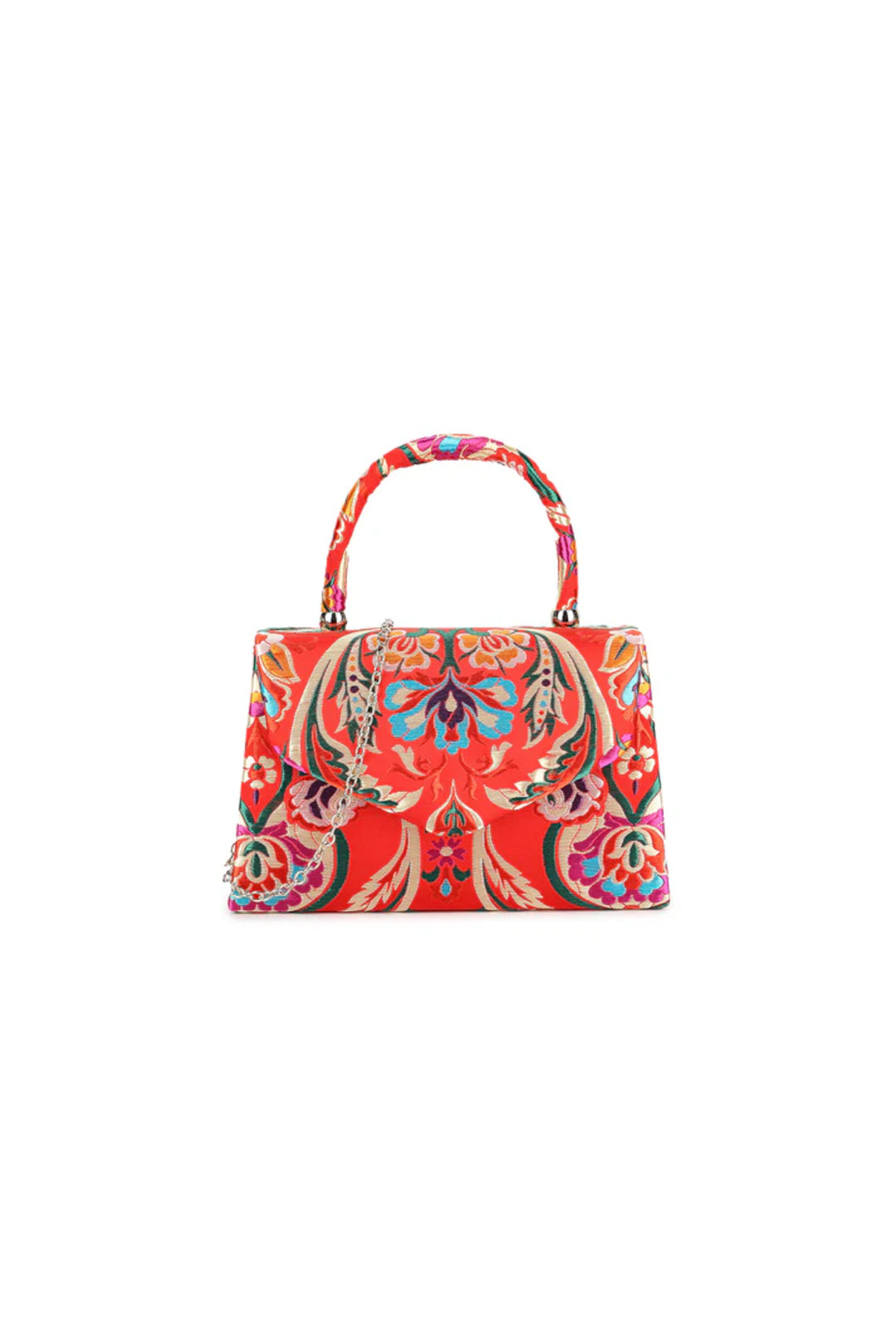 Aftershock London red floral satin small top handle bag front view
