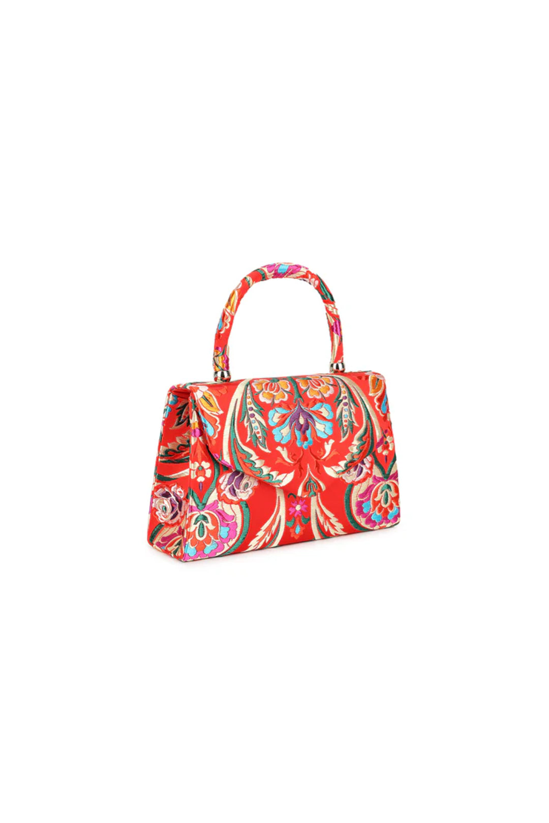 Aftershock London red floral satin top handle bag side detail