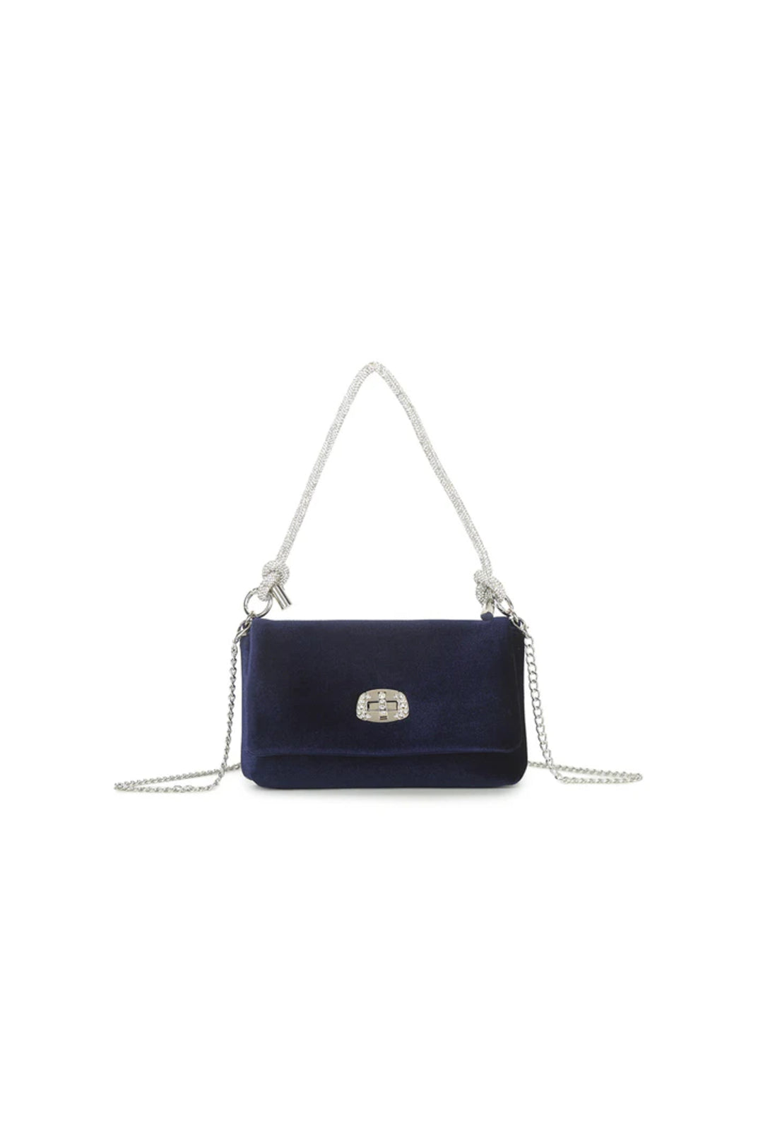 Aftershock London navy velvet small evening bag with silver knot handle