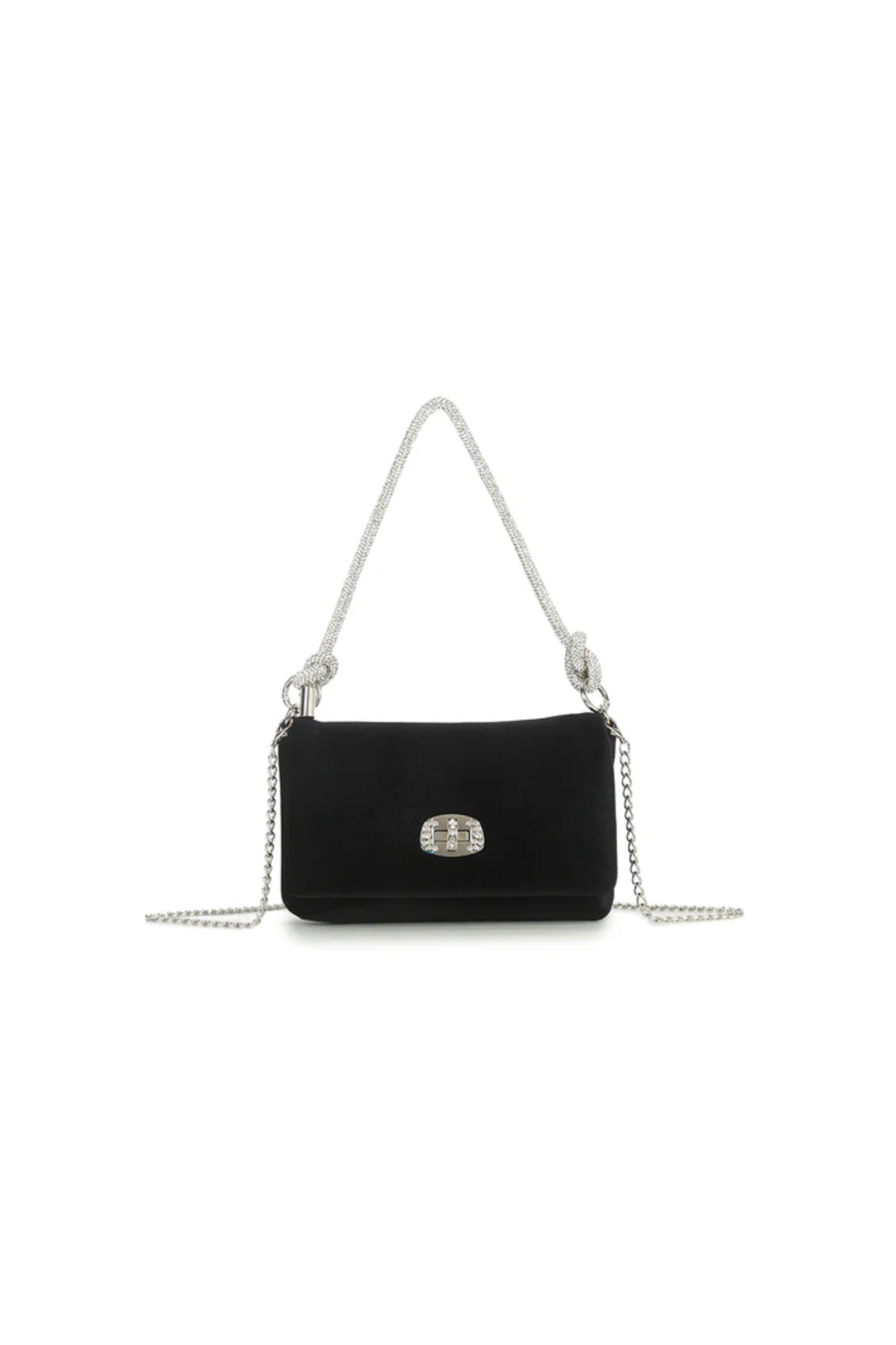 Aftershock London black velvet small evening bag with silver knot handle