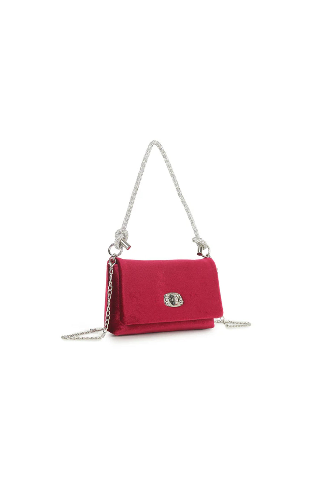 Aftershock London cherry red velvet evening bag silver knot handle detail