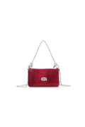 Aftershock London cherry red velvet small evening bag with silver knot handle front view