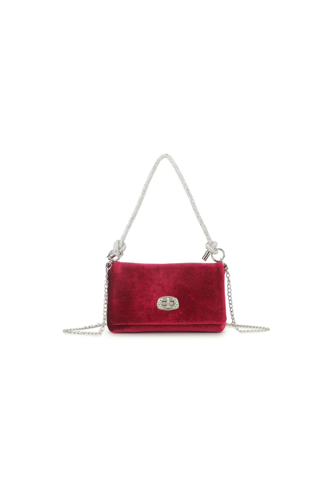 Aftershock London cherry red velvet small evening bag with silver knot handle front view