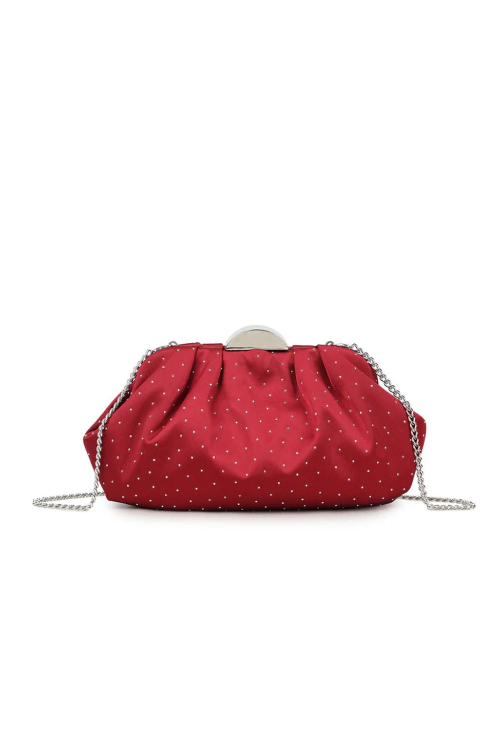 Aftershock London cherry red satin ruched clutch bag front view