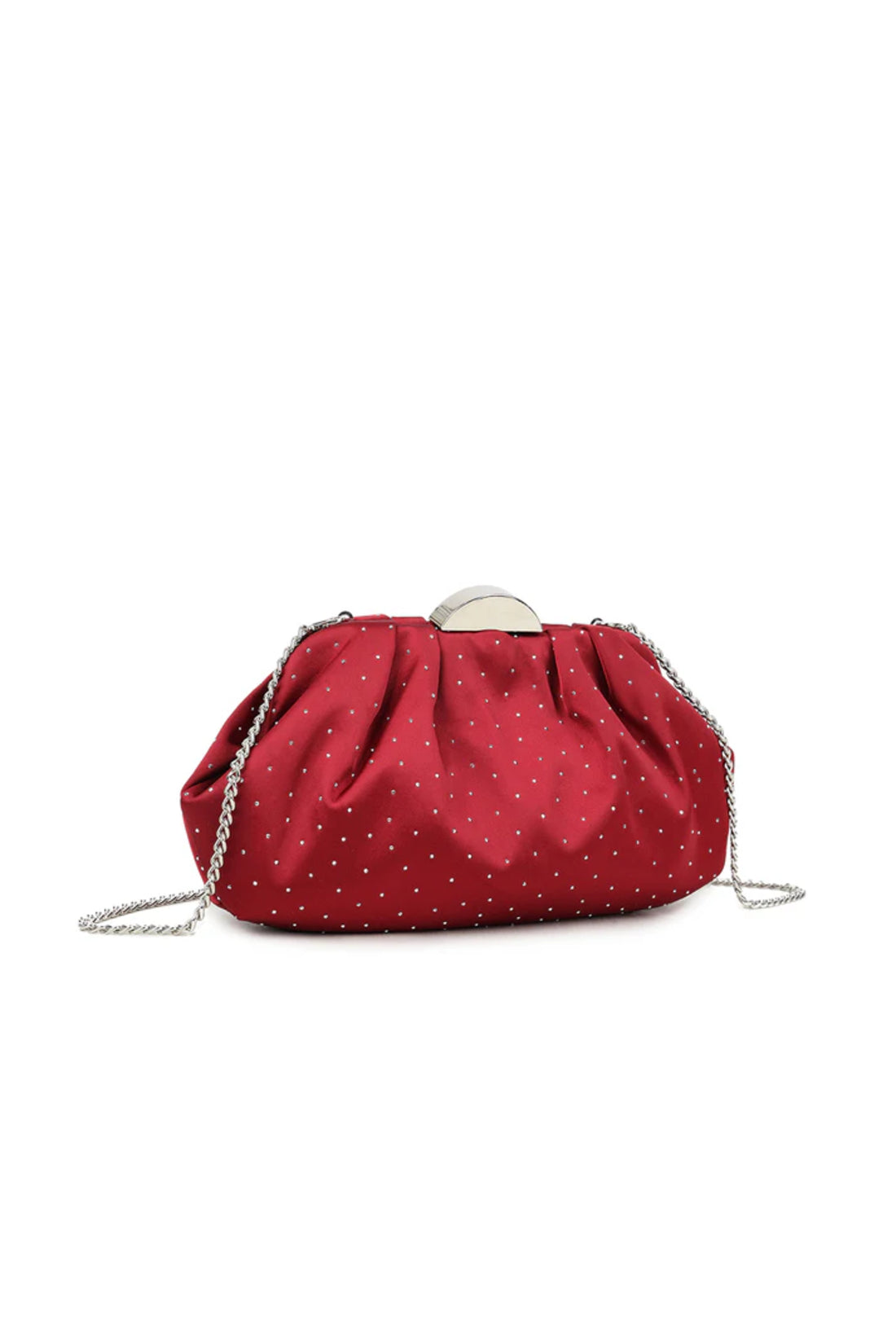 Aftershock London cherry red satin ruched clutch bag side detail