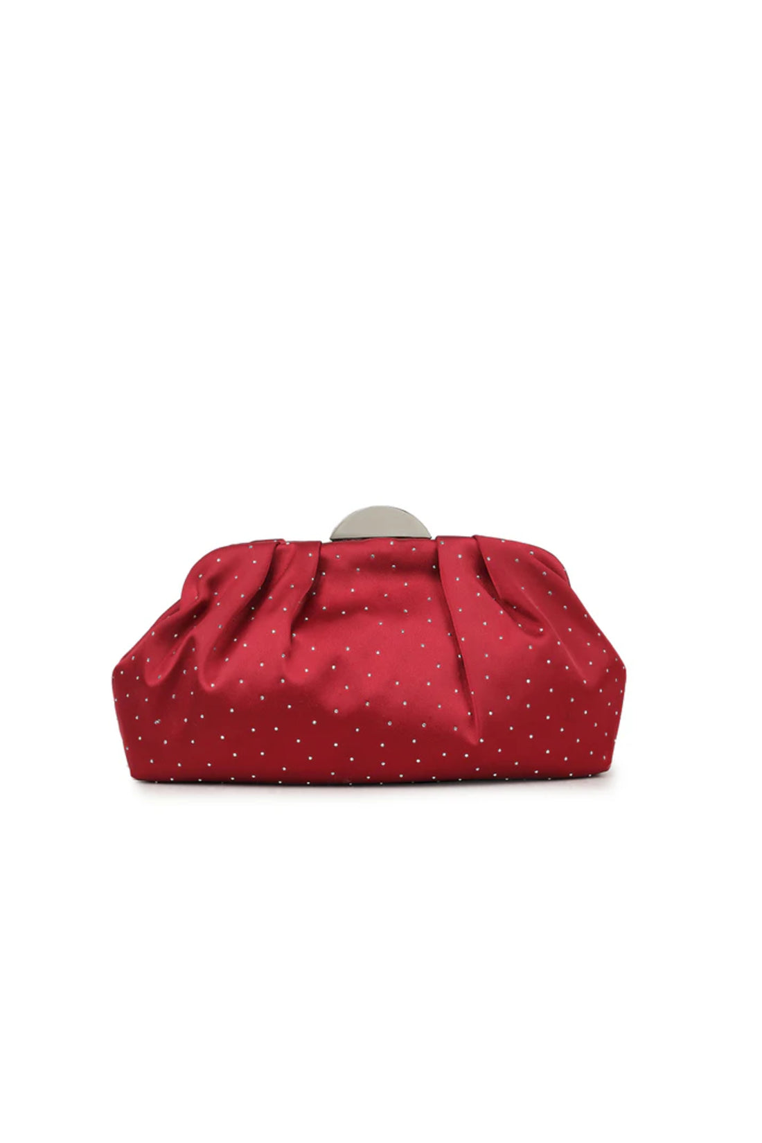 Aftershock London cherry red embellished satin ruched clutch bag close-up