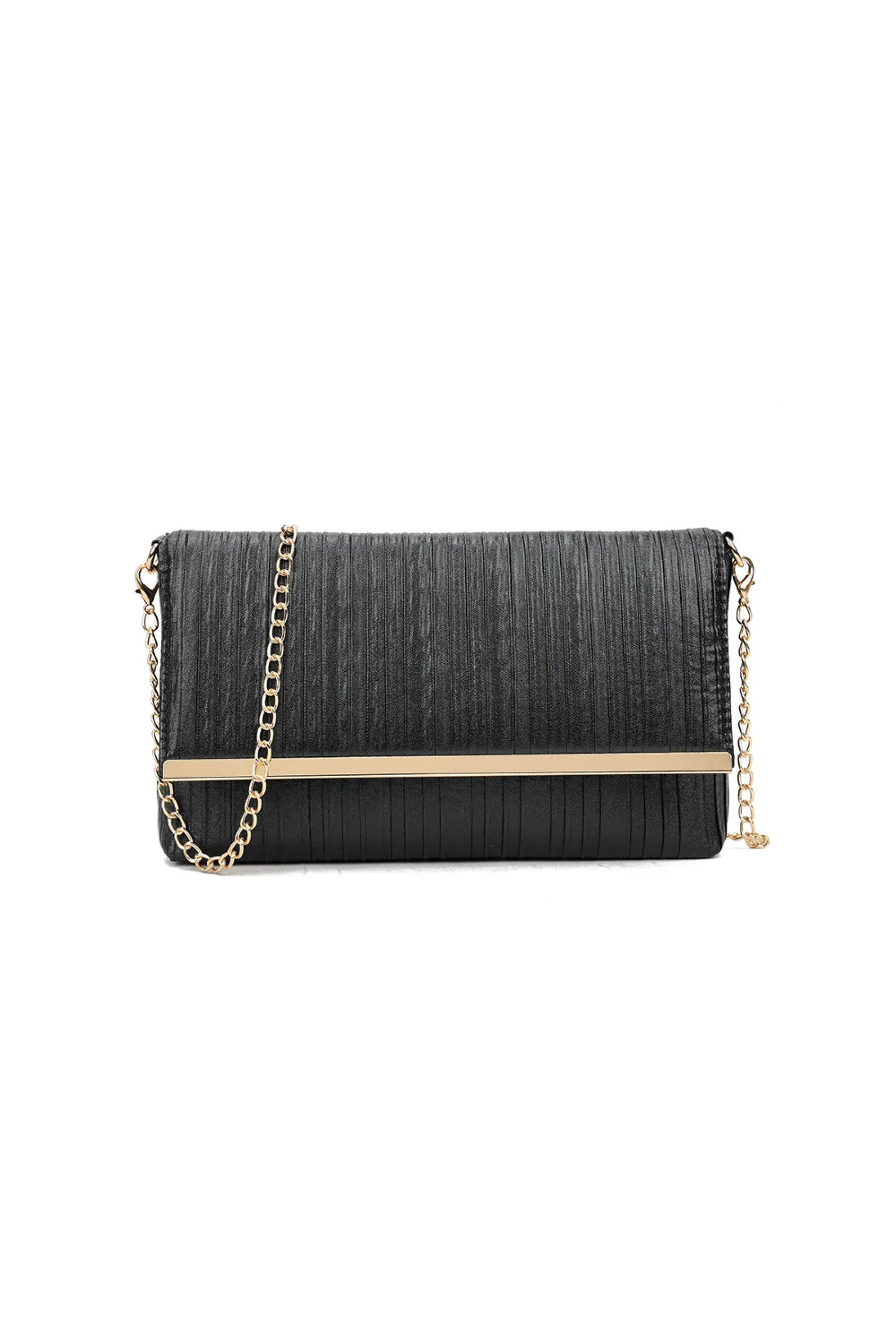Aftershock London black pleated clutch bag front view