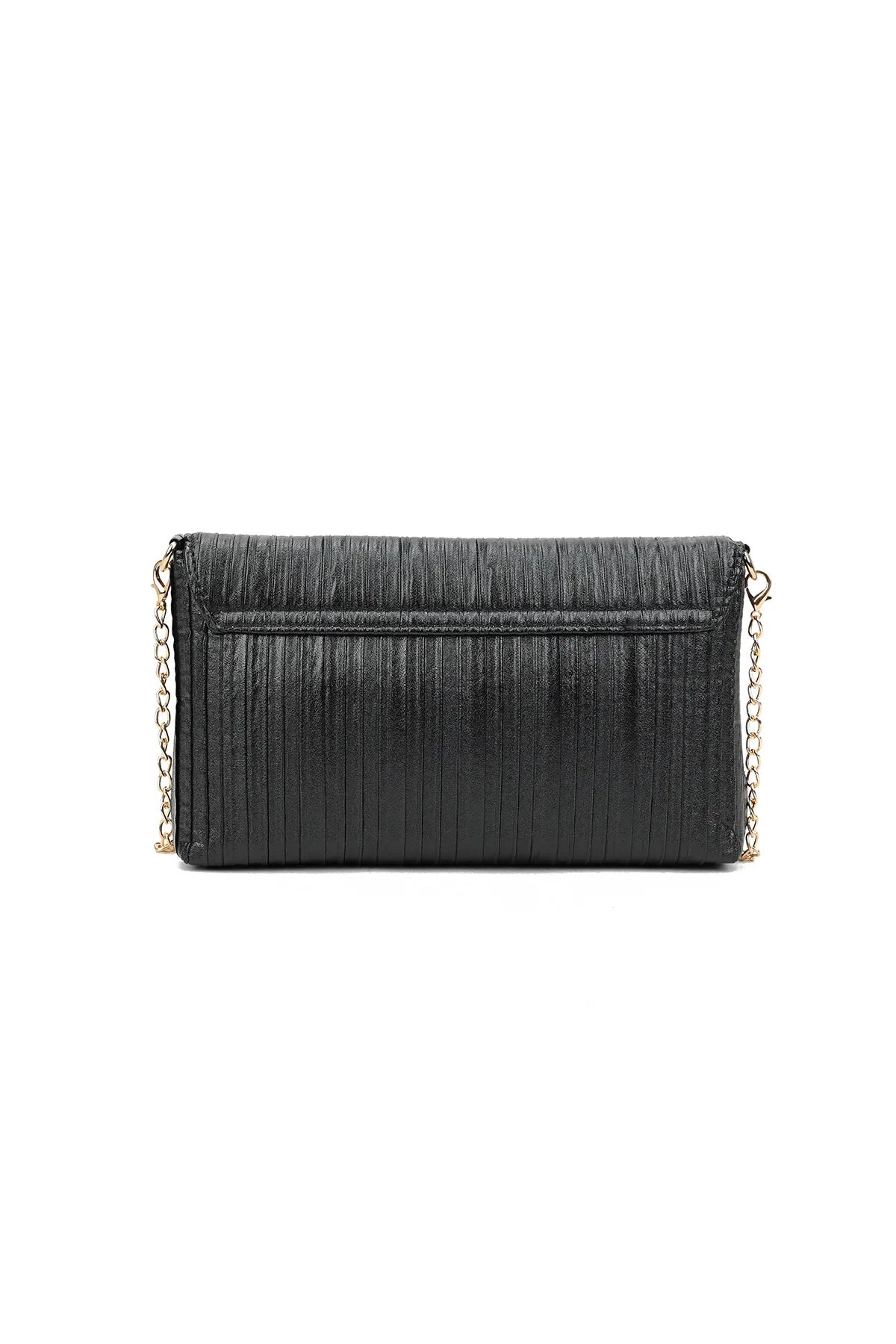 Aftershock London black pleated clutch bag side detail