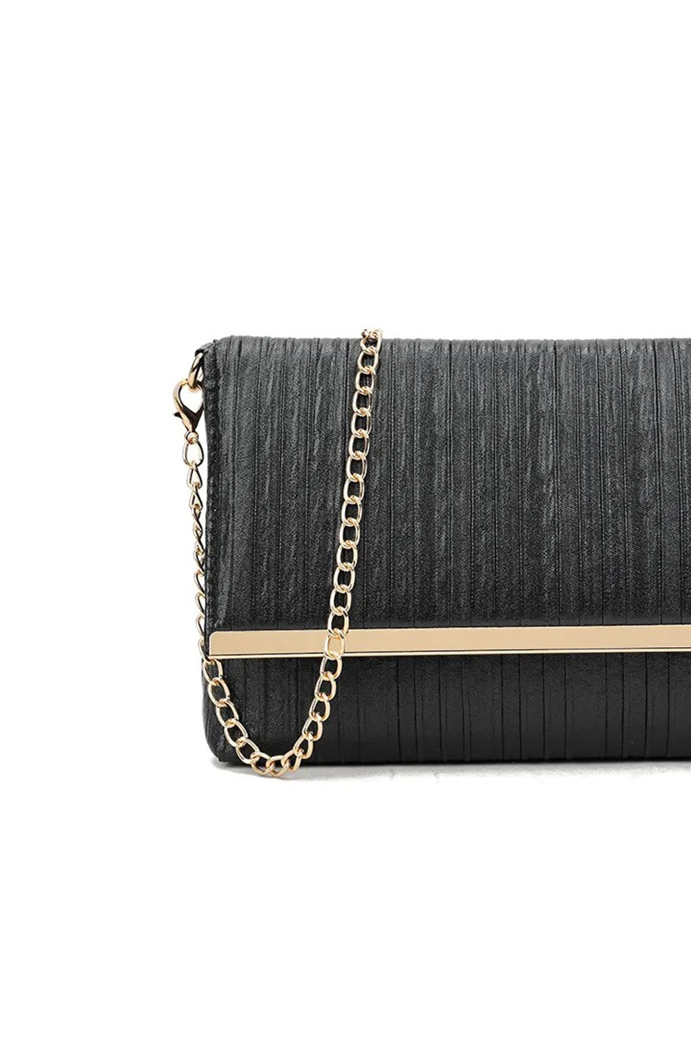 Aftershock London black pleated clutch bag open detail