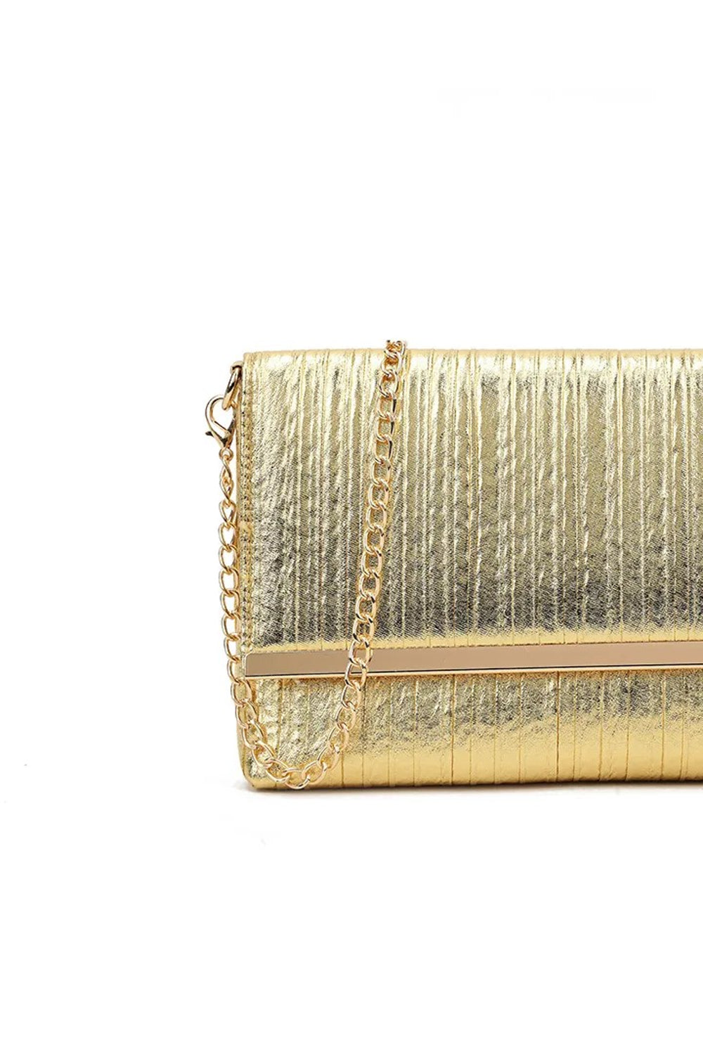 Aftershock London gold pleated clutch bag side detail
