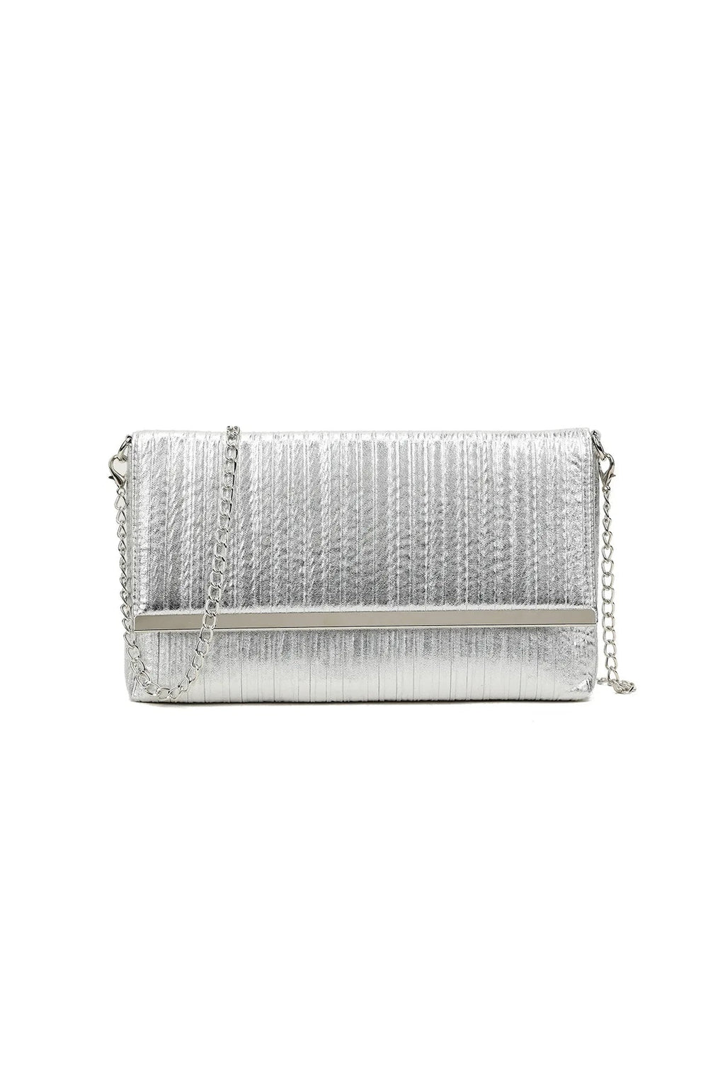 Aftershock London silver pleated clutch bag front view