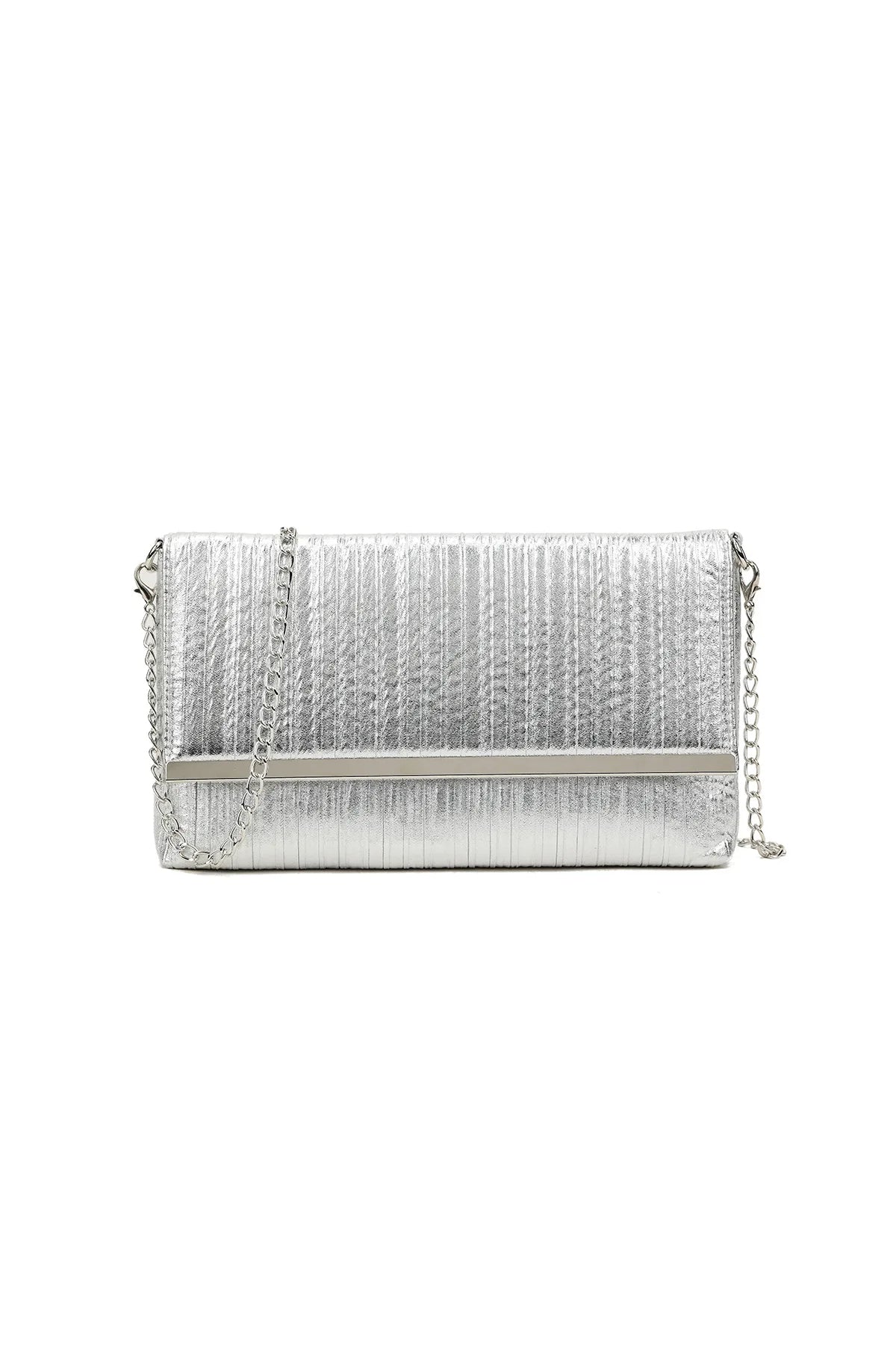 Aftershock London silver pleated clutch bag front view