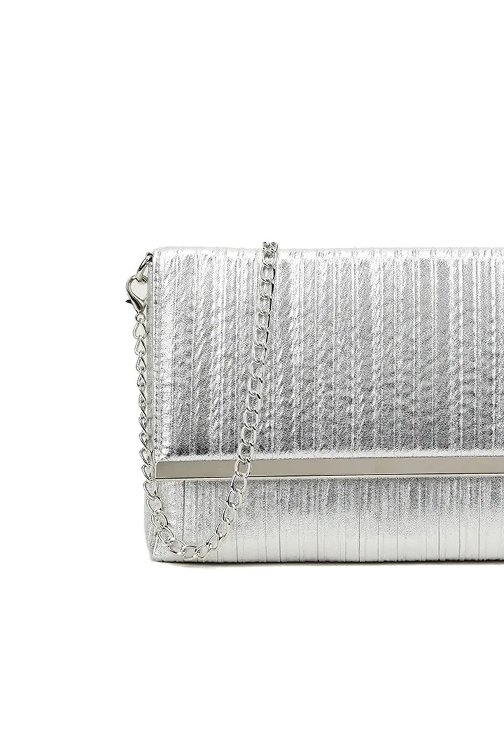 Aftershock London silver pleated clutch bag side detail