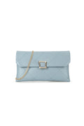 Aftershock London grey blue faux leather clutch bag with chain strap front view