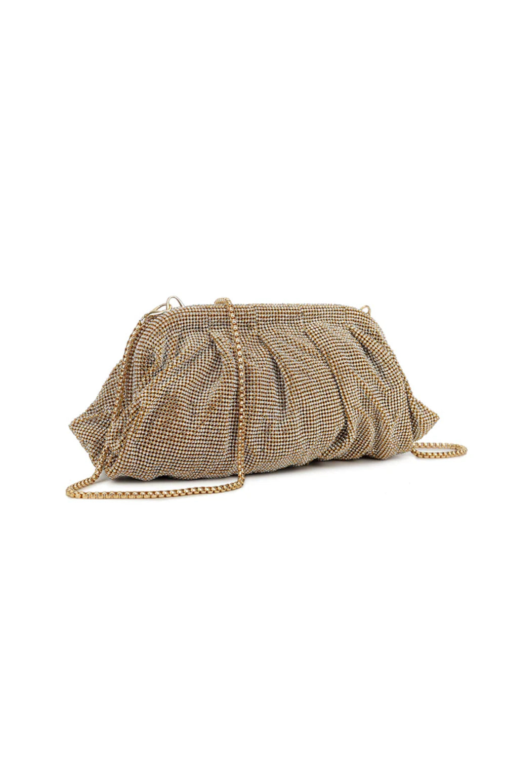 Aftershock London gold diamante ruched evening bag side detail