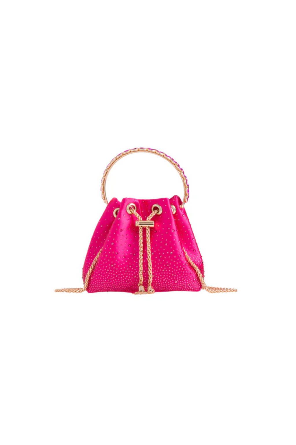 Aftershock London fuchsia embellished top handle evening bag front view