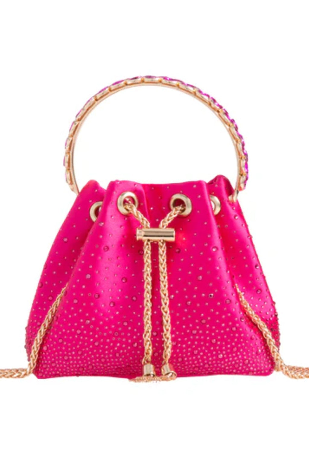 Aftershock London fuchsia embellished top handle evening bag side detail