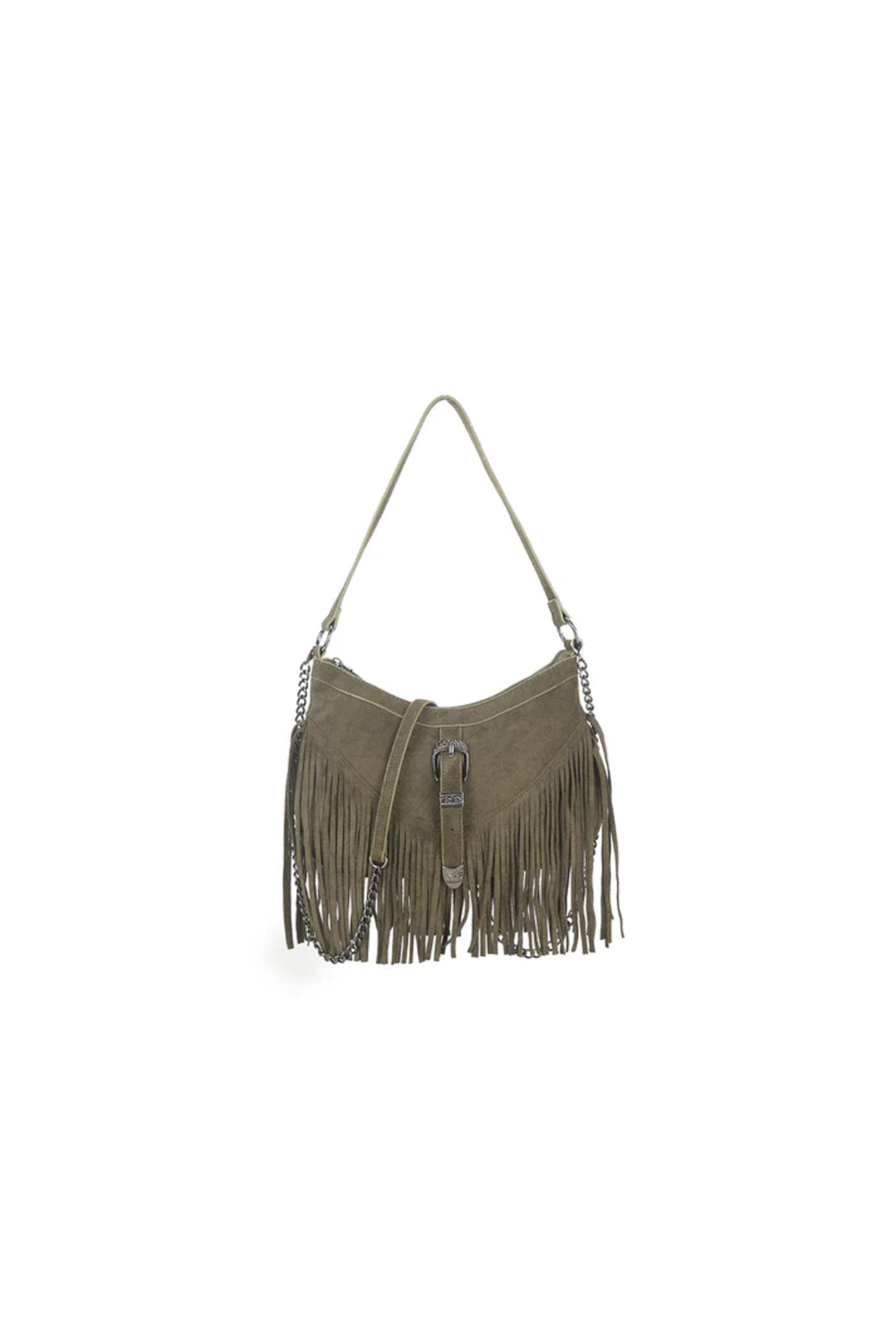 Aftershock London olive faux suede fringe handbag front view