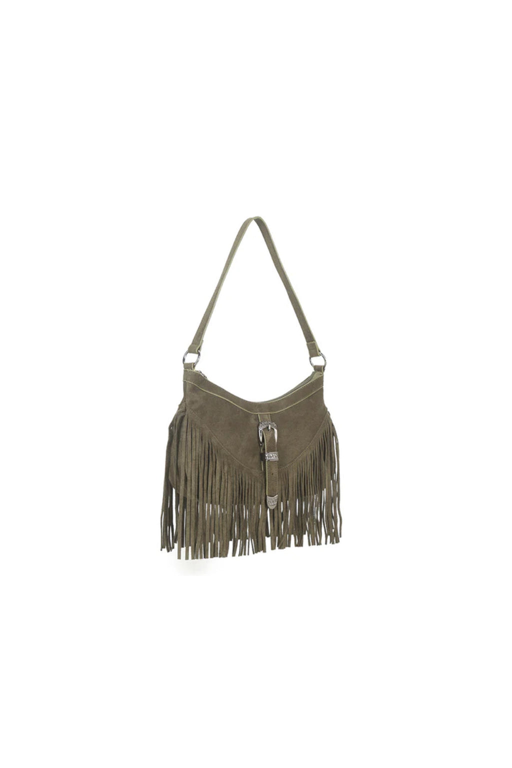 Aftershock London olive faux suede handbag with tassels side detail