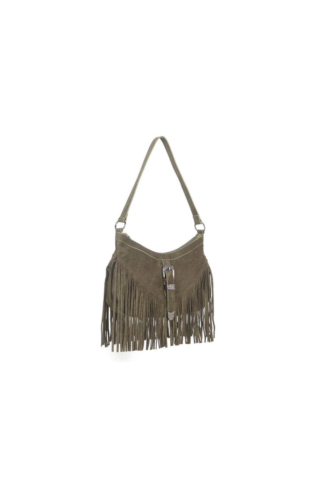 Aftershock London olive faux suede handbag with tassels side detail