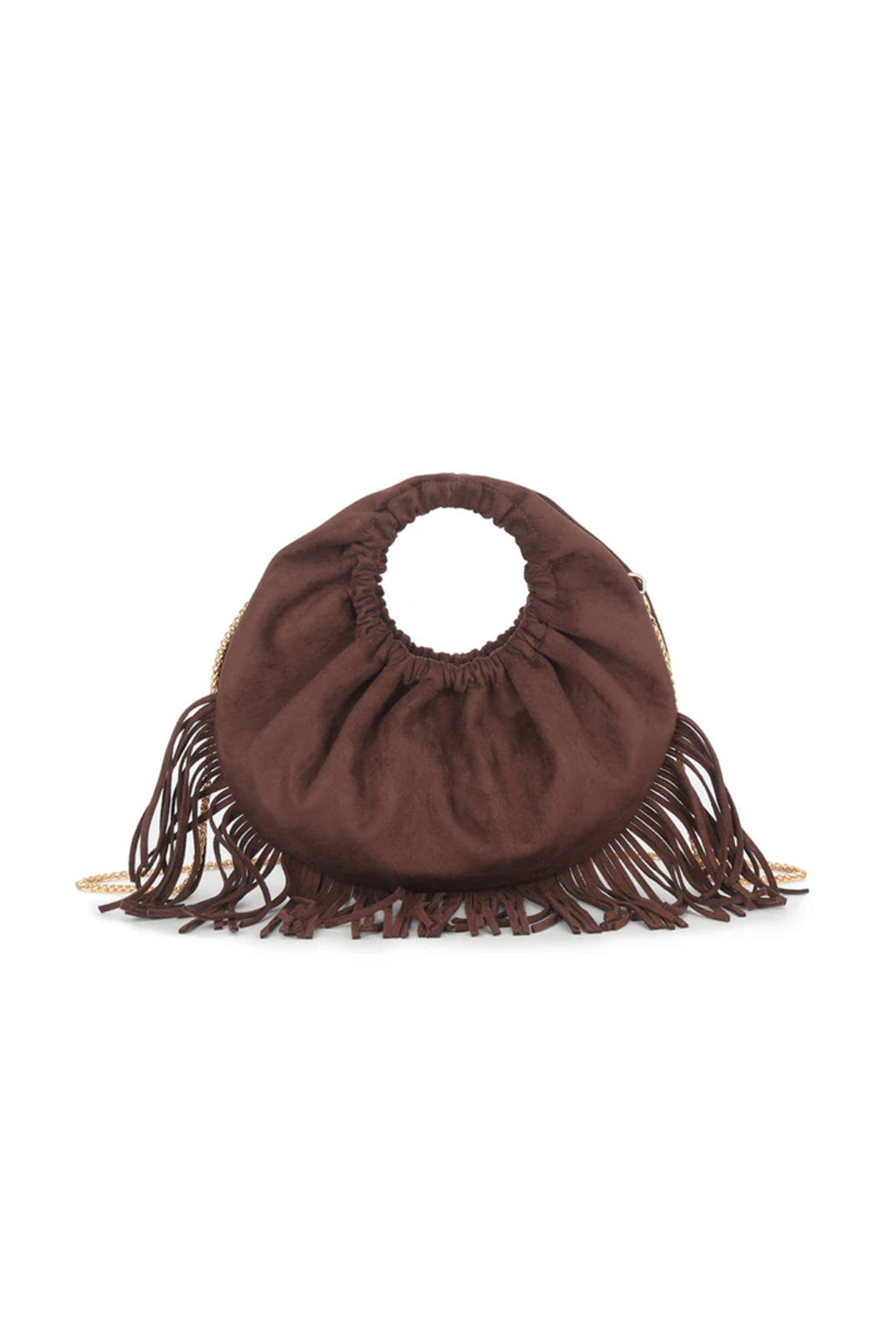 Aftershock London brown faux suede fringe handbag front view
