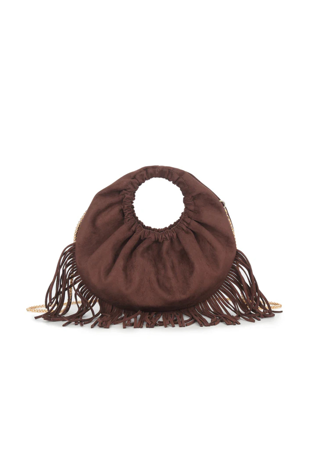 Aftershock London brown faux suede fringe handbag front view