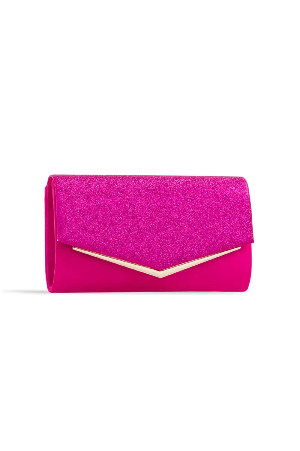 Aftershock London fuchsia glitter envelope clutch bag side detail