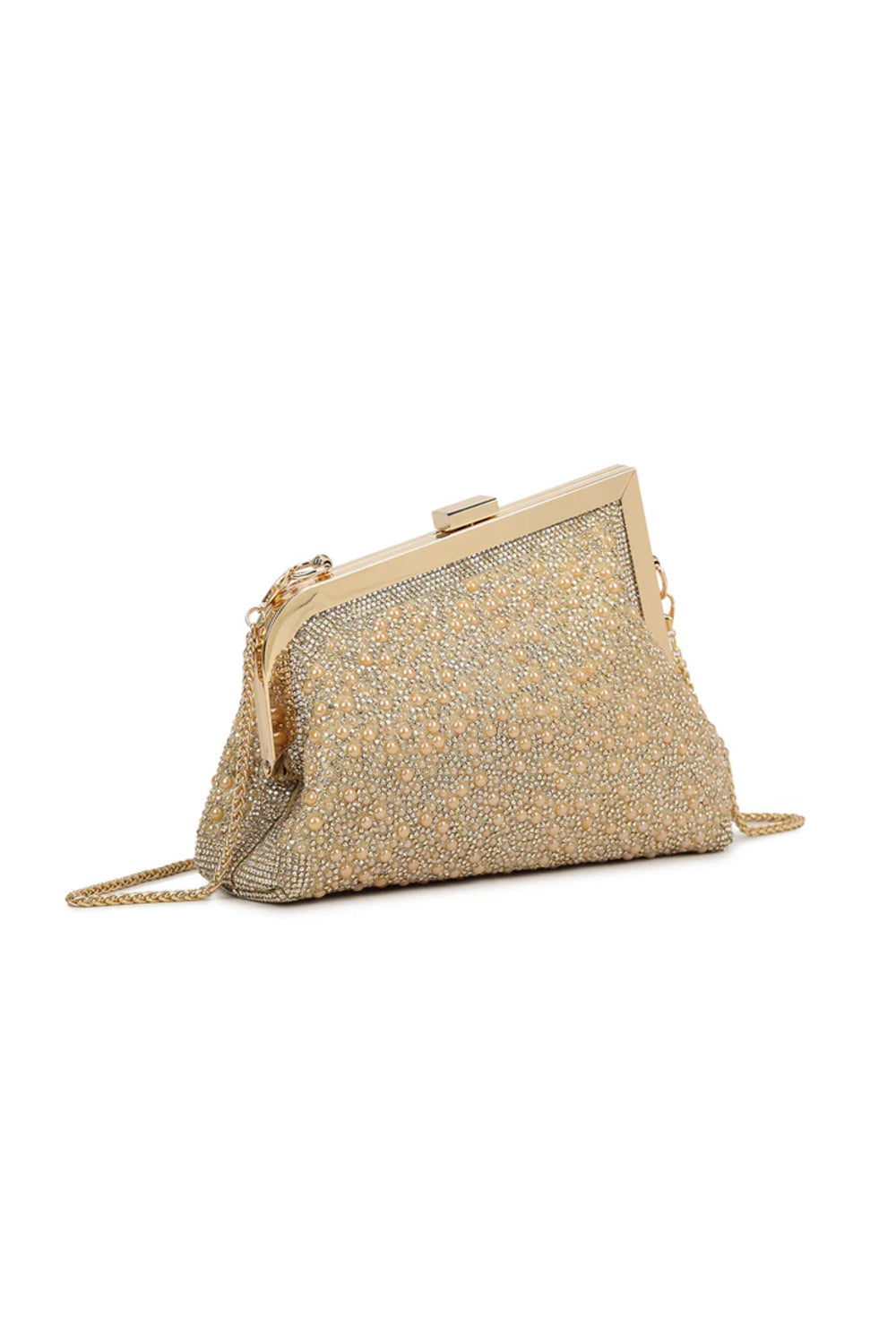 Aftershock London gold pearl asymmetric evening bag side detail