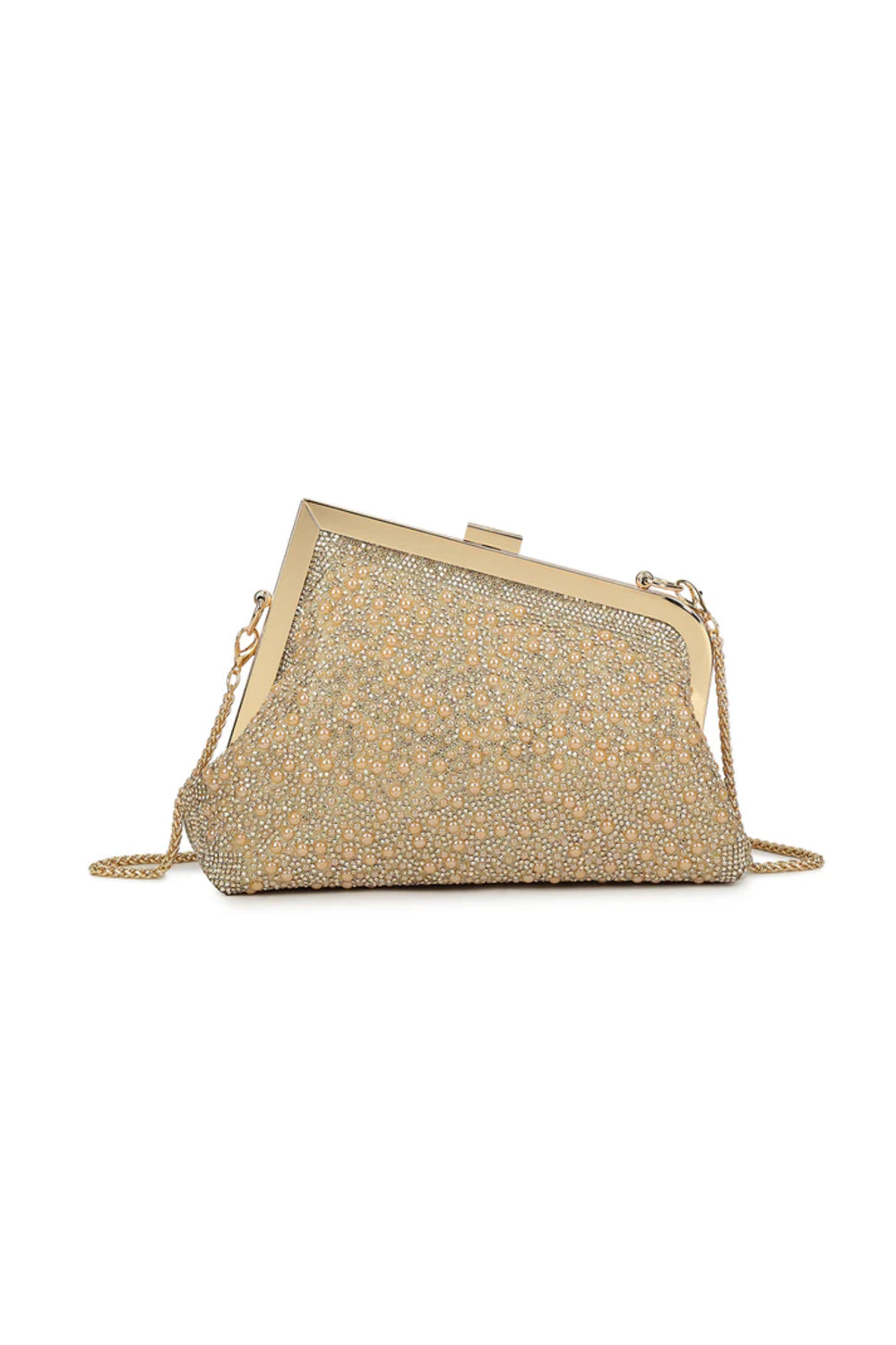 Aftershock London gold pearl asymmetric bag pearl handle detail