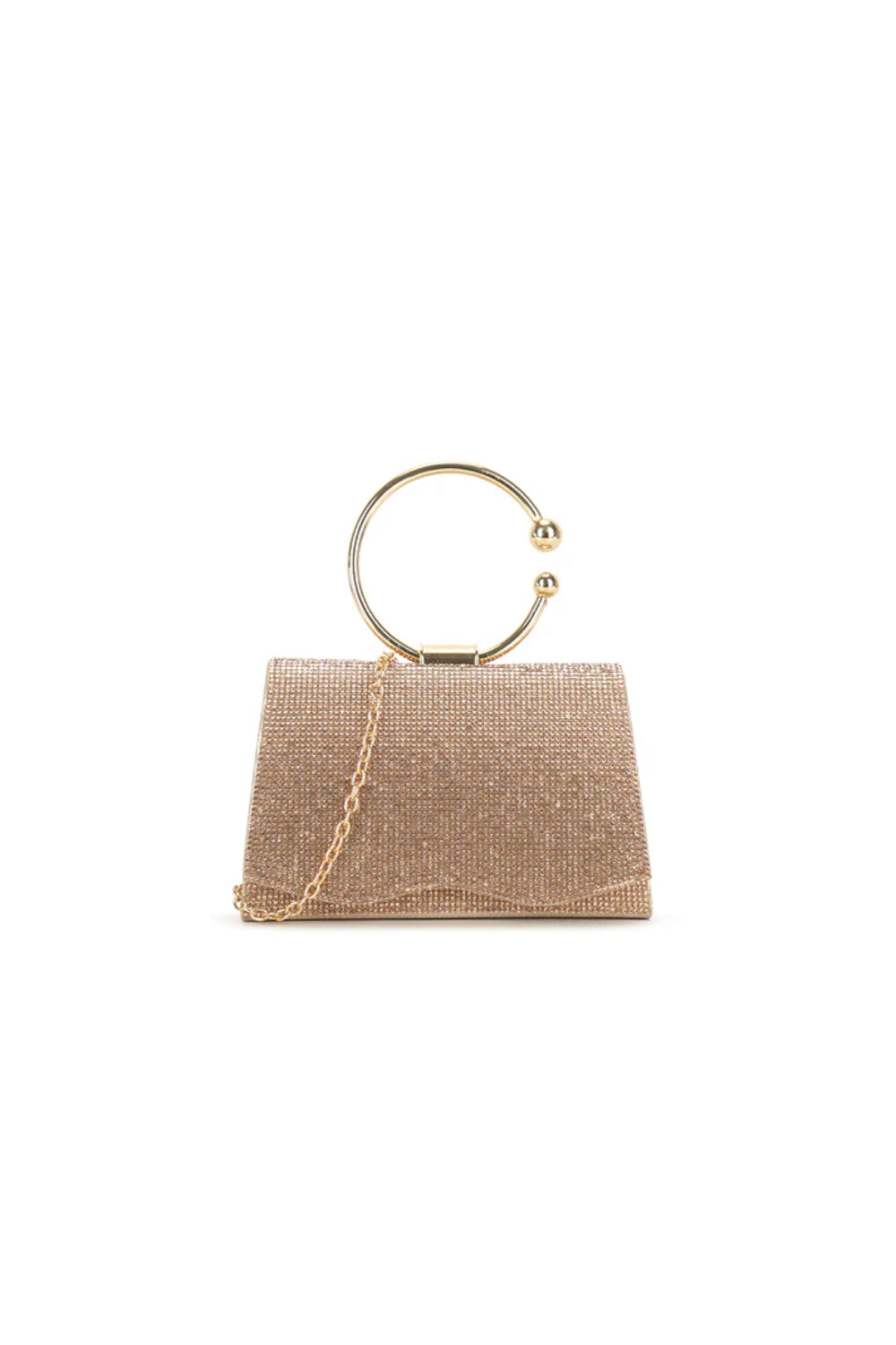 Aftershock London rose gold glitter ring handle evening bag front view