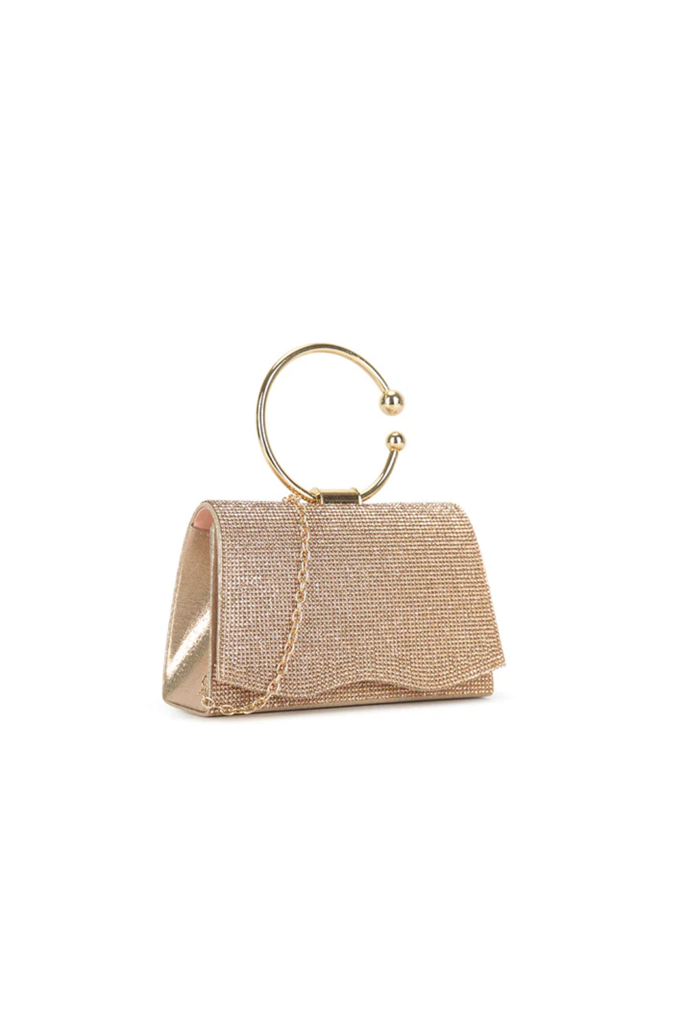 Aftershock London rose gold glitter ring handle evening bag side view