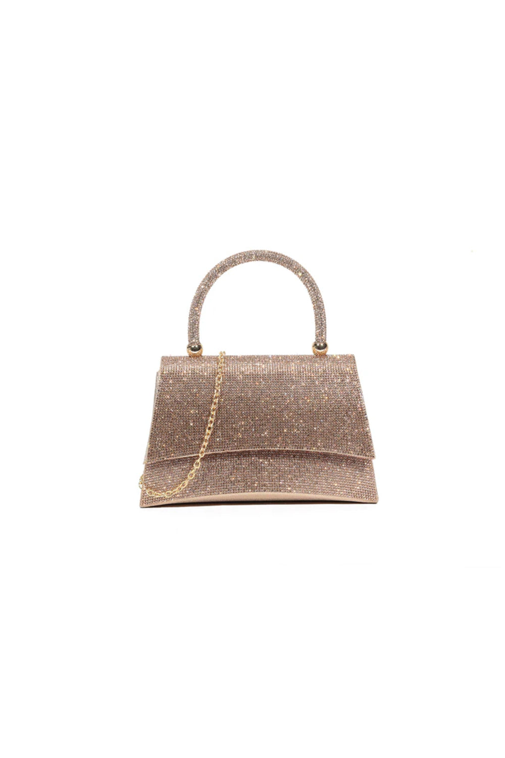 Aftershock London rose gold glitter top handle evening bag front view
