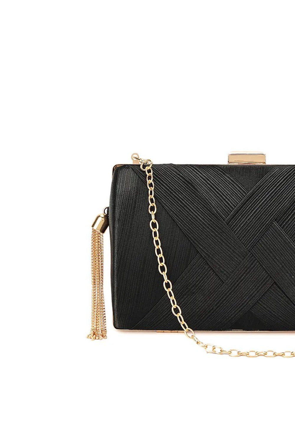 Aftershock London black satin tassel clutch bag side detail