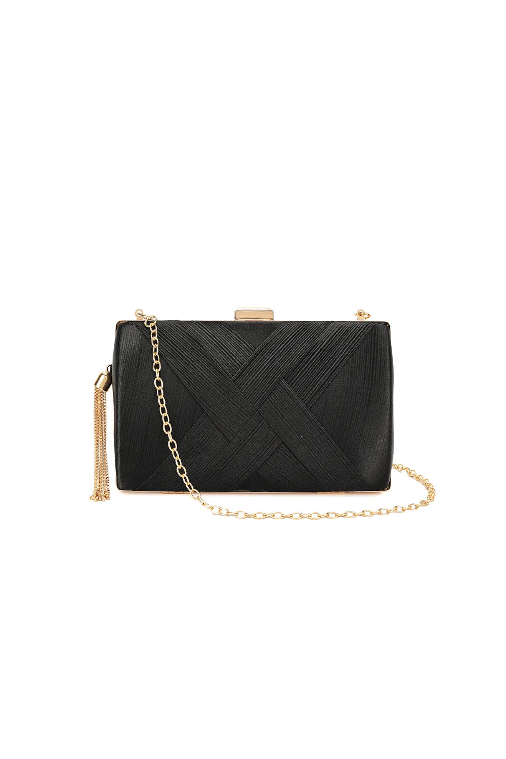 Aftershock London black satin clutch bag with tassels front view