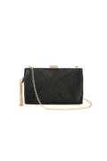 Aftershock London black satin clutch bag with tassels front view