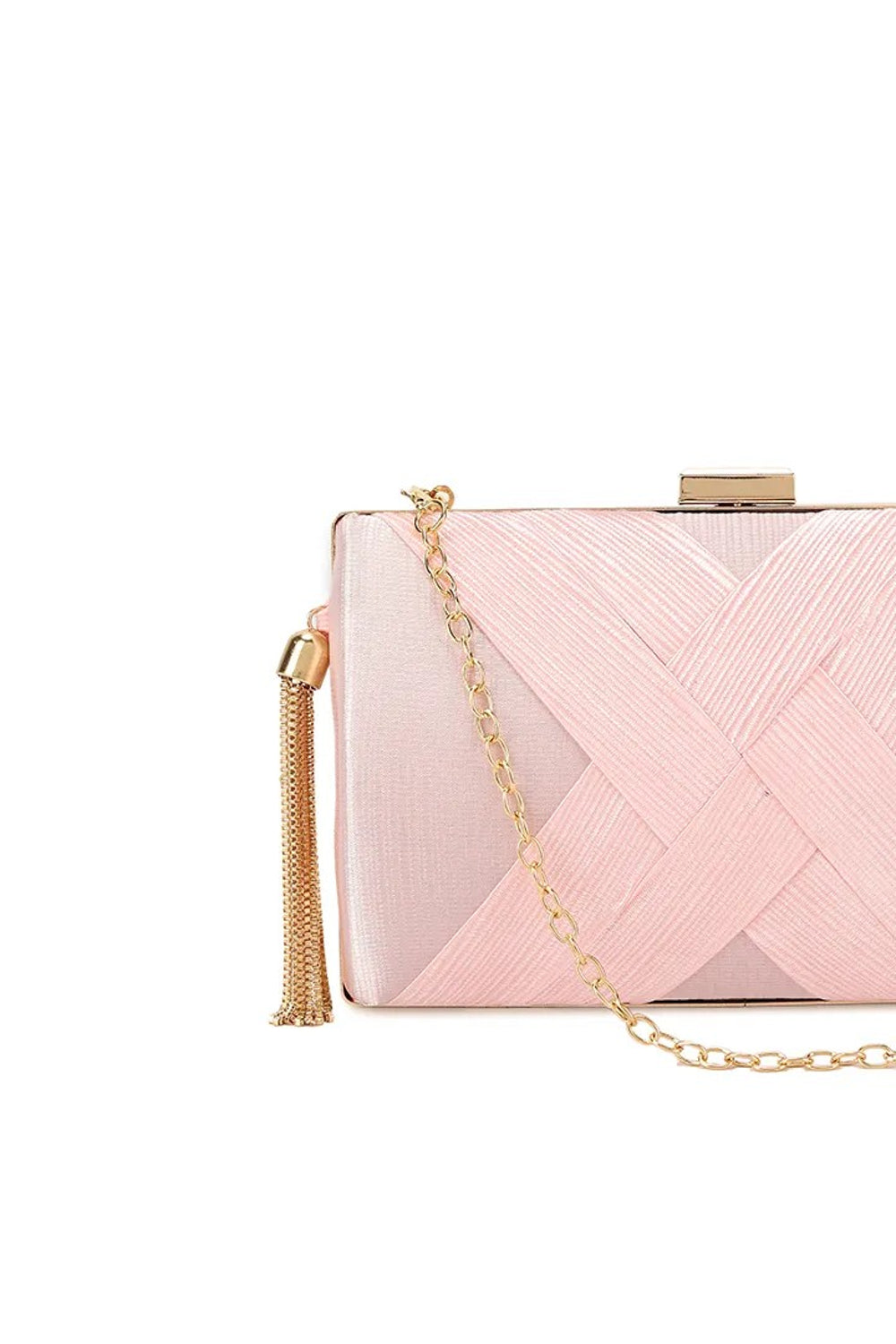Aftershock London pink satin tassel clutch bag side detail